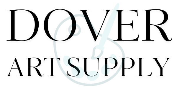 black text stating Dover Art Supply over a light blue-green graphic of a palette and brush